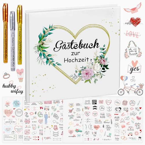 FHzytg Gästebuch Hochzeit Set, 120 Seiten Blanko Hochzeitsgästebuch + DIY Sticker für die Hochzeit + 3 Metallic Stifte, Gästebücher für Hochzeit, Eukalyptus Hochzeitsbuch, Hochzeitsalbum Brautpaar von FHzytg