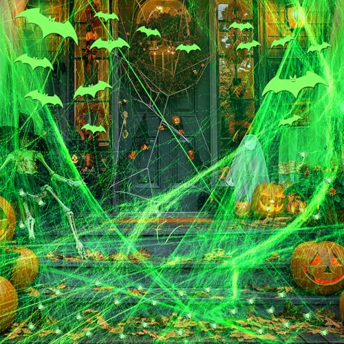 Halloween Deko Spinnennetz Leuchtend 100g mit 30 Stück Spinnen und 15 Stück 3D Fledermaus Wandsticker, Leuchtende Spinnennetz Halloween Spinne Deko Halloween Deko Spinnennetz Leuchtend 100g mit 30 Stück Spinnen und 15 Stück 3D Fledermaus Wandsticker, Leuchtende Spinnennetz Halloween Spinne Deko von FHzytg