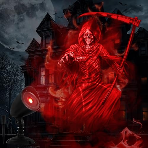 Sensenmann 3D Dynamische Halloween Projektor Mit Timer, Wasserdicht LED Projektionslampe Mit Rot Sensenmann für Wand, Fenster, Garten, Hof, Party Deko Outdoor von FHzytg