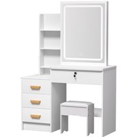 Frisiertisch mit Spiegel, 4 Schubladen, 3 Ablagen, 1 Hocker, 90 x 37 x 135 cm, weiß. Frisiertisch mit Spiegel, 4 Schubladen, 3 Ablagen, 1 Hocker, 90 x 37 x 135 cm, weiß. von FIANAO