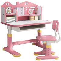 Schreibtisch-Set für Kinder, verbreiterte Tischplatte, höhenverstellbar, mit burgförmiger Rückwand, mit Ablage und Schublade (rosa). von FIANAO