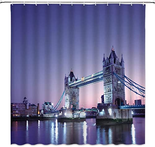 FIBITA Duschvorhang 240x200 London Duschvorhang Brücke Badezimmer Vorhang Violett Antischimmel Wasserdicht Badezimmer Vorhang 3D Effekt Duschvorhänge Polyester Waschbar mit Haken von FIBITA