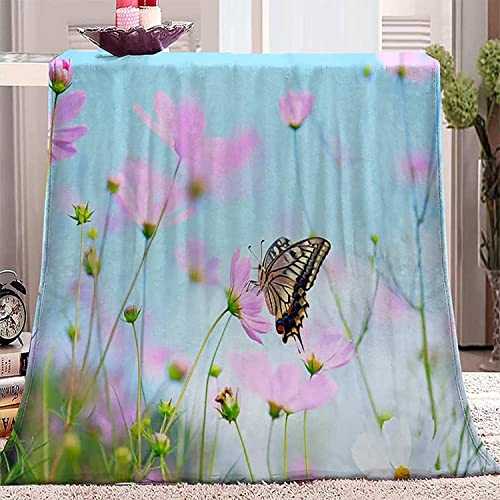 FIBITA Kuscheldecke 3D Pinke Blume Flanell Fleecedecke 150x200 Schmetterling Wohndecke Hellblau Sofadecke Couchdecke Tagesdecke Flauschig Weiche Mikrofaser, für Bett & Sofa von FIBITA