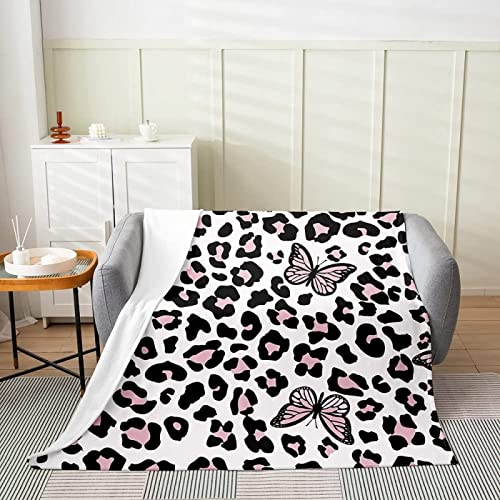 FIBITA Kuscheldecke 3D Rosa Leopardenmuster Flanell Fleecedecke 200x200 Schmetterling Wohndecke Weibliches Mädchen Sofadecke Couchdecke Tagesdecke Flauschig Weiche Mikrofaser, für Bett & Sofa von FIBITA