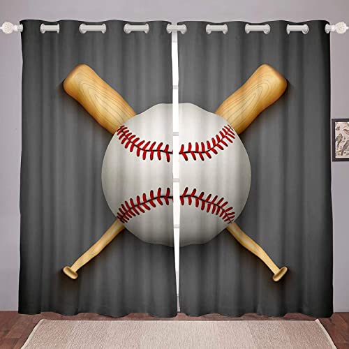 FIBITA Vorhang Blickdicht Baseball Vorhänge Grau Gardinen Wohnzimmer Schlafzimmer Baseball Verdunklungsvorhänge 3D Druck Vorhang 117x138 cm Ösenvorhang 2er Set von FIBITA