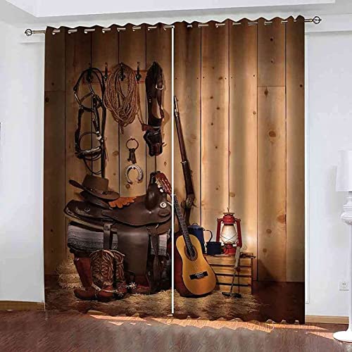 FIBITA Vorhang Blickdicht Cowboy-Musik Vorhänge Ländlich Gardinen Wohnzimmer Schlafzimmer Verdunklungsvorhänge Thermovorhang 3D Druck Schallschutz Vorhang mit Ösen 2er Set B 75 x H 166 cm von FIBITA