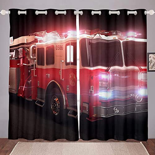 FIBITA Vorhang Blickdicht Feuerwehrauto Vorhänge Rot Gardinen Wohnzimmer Schlafzimmer Feuerwehrauto Verdunklungsvorhänge 3D Druck Vorhang 110x215 cm Ösenvorhang 2er Set von FIBITA