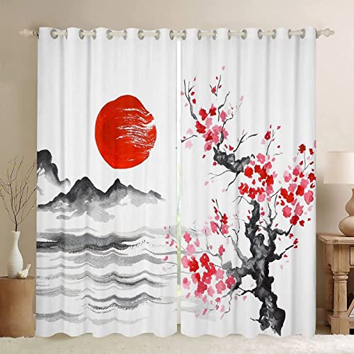 FIBITA Vorhang Blickdicht Japanischer Stil Vorhänge Kirschblüte Sonne Gardinen Wohnzimmer Schlafzimmer Japanischer Stil Verdunklungsvorhänge 3D Druck Vorhang 140x175 cm Ösenvorhang 2er Set von FIBITA