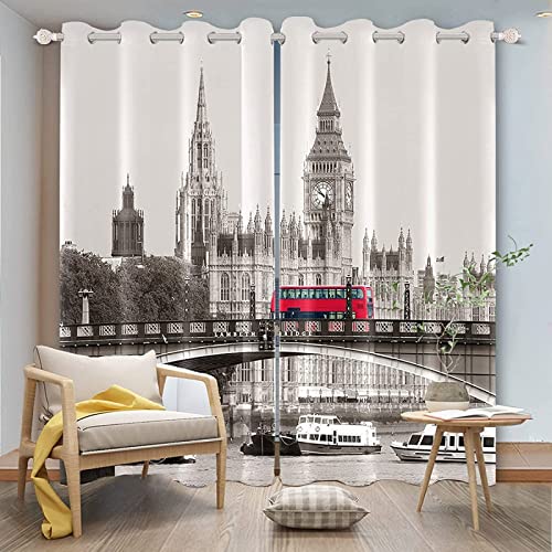 FIBITA Vorhang Blickdicht London Vorhänge Stadtgebäude Gardinen Wohnzimmer Schlafzimmer London Verdunklungsvorhänge 3D Druck Vorhang 117x138 cm Ösenvorhang 2er Set von FIBITA