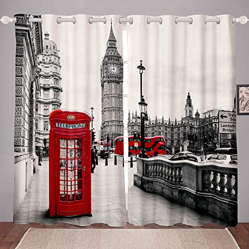 FIBITA Vorhang Blickdicht London Vorhänge Straßenbau Gardinen Wohnzimmer Schlafzimmer London Verdunklungsvorhänge 3D Druck Vorhang 91.5x214 cm Ösenvorhang 2er Set von FIBITA