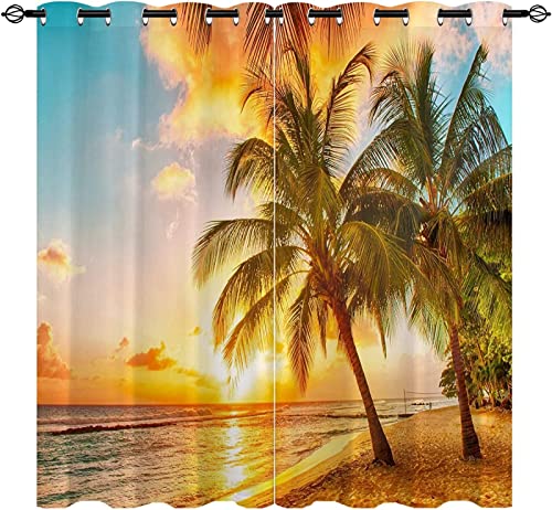 FIBITA Vorhang Blickdicht Meerblick Vorhänge Strand Palmen Gardinen Wohnzimmer Schlafzimmer Meerblick Verdunklungsvorhänge 3D Druck Vorhang 140x245 cm Ösenvorhang 2er Set von FIBITA