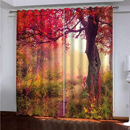 FIBITA Vorhang Blickdicht Rot-Ahorn Vorhänge Herbstwald Gardinen Wohnzimmer Schlafzimmer Verdunklungsvorhänge Thermovorhang 3D Druck Schallschutz Vorhang mit Ösen 2er Set B 110 x H 215 cm von FIBITA