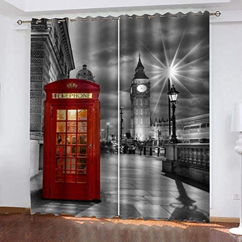 FIBITA Vorhang Blickdicht Vereinigtes KÖnigreich. Vorhänge London Gardinen Wohnzimmer Schlafzimmer Verdunklungsvorhänge Thermovorhang 3D Druck Schallschutz Vorhang mit Ösen 2er Set B 75 x H 166 cm von FIBITA