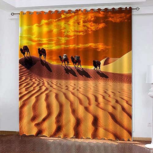 FIBITA Vorhang Blickdicht Wüste Vorhänge Kamel Gardinen Wohnzimmer Schlafzimmer Verdunklungsvorhänge Thermovorhang 3D Druck Schallschutz Vorhang mit Ösen 2er Set B 140 x H 245 cm von FIBITA