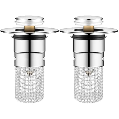 2 Stück Edelstahl-Ablaufsieb Set – Tiefes Siebkorb-Design mit Push-Mechanismus, Verstopfungs-Schutz für Dusche, Spüle & Badewanne, Leicht zu Reinigen von FIBOUND
