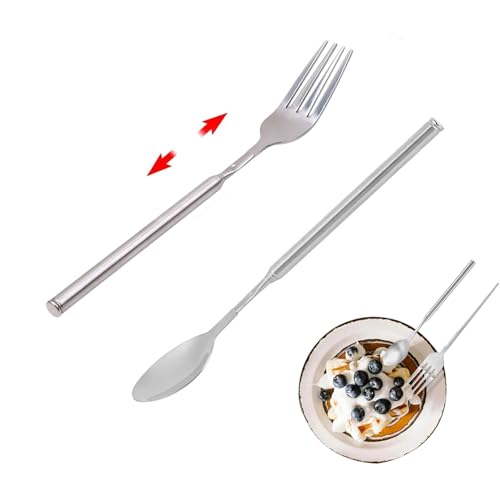 2 Teiliges Ausziehbares Besteck-Set - Edelstahl Teleskop-Löffel Und Gabel - Verstellbares Geschirr- Perfekt für Grillen, Picknick, Feste & Buffets von FIBOUND