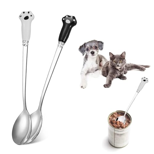 2er-Pack Tierfutterlöffel, Edelstahl-Katzenlöffel, Katzenpfotenglaslöffel, Haustierglaslöffel mit Langem Griff, Edelstahl-Haustierlöffel für Hunde- und Katzenfuttergläser (Schwarz, Weiß) von FIBOUND