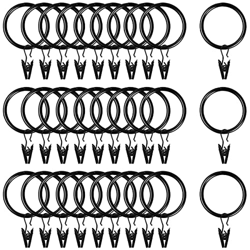 30 Stück glänzend Gardinenringe für Gardinenstange/Vorhangstange 35mm (Schwarz mit Klammer) 30er-Set Ringe mit Clips für Vorhänge, Schiebevorhänge, Gardinen. Metall Vorhanghaken Ringe von FIBOUND