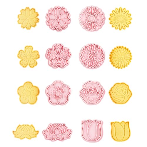 8 Stück Blumen Backformen, Keks-Ausstechformen-Stempel, Plastik 3D Keks-Stempel, Kirschblüten Keks-Ausstechformen-Formen, Plastik Keks-Stempel für Kekse, für Kirschblüten Keks-Backzubehör (Pink) von FIBOUND