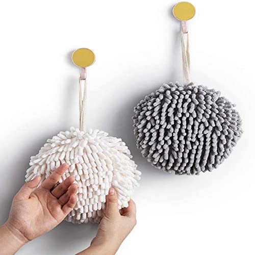 FIBOUND 2er-Set Chenille Hängende Handtücher Ball,Ultra Super weich Waschlappen, Mikrofaser Absorbierende Handtücher,Schnelltrocknende Gesichtstücher,für Küchen und Badezimmer(Weiß,Grau) von FIBOUND