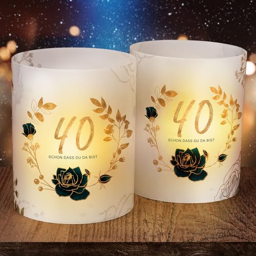 FIDWALL 15 Windlicht Tischdeko 40 Geburtstag, Happy Birthday Tischdeko 40. Geburtstag Frauen, Deko 40 Geburtstag Frau Mann, Geeignet für Teelichter oder Kerzen mit Schön DASS Du Da Bist und Rose(40) von FIDWALL