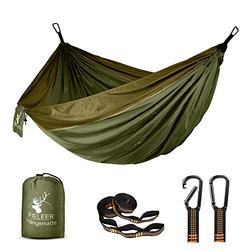 Fieleer Ultraleicht Reise Camping Hängematte Outdoor Hammock | Mit Premium Karabinern&2,5cm Breiten Schwerlastgurten mit 6 Schlingen | 275x140cm, 300kg Traglast, Fallschirm Nylon | Für Draußen Drinnen von FIELEER