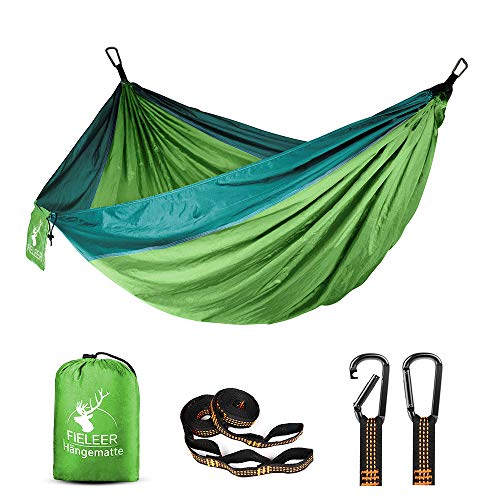 Fieleer Ultraleicht Reise Outdoor Hängematte Camping Hammock | Mit Premium Karabinern&2,5cm Breiten Schwerlastgurten mit 6 Schlingen | 275x140cm, 300kg Traglast, Fallschirm Nylon | Für Draußen Drinnen von FIELEER