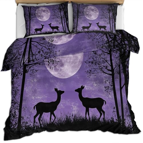 Bettwäsche Set für Mädchen mit Hirschmotiv 135 X 200 cm Bettbezug mit Nachtszene Tiefviolettes Nachthimmel Bettset für Mädchen Bettbezüge mit Mondmotiv Weiche Mikrofaser Bettbezug und Kissenbezug von FIEMAR