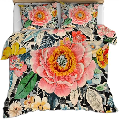 Bettwäsche Set für Mädchen mit Pfingstrose 135 X 200 cm Blumen Bettbezug Blätter Bettset für Mädchen Bettbezüge mit Blumenmuster Weiche Mikrofaser Schwarz Weißes Geometrisches Karomuster Bettbezug Bettwäsche Set für Mädchen mit Pfingstrose 135 X 200 cm Blumen Bettbezug Blätter Bettset für Mädchen Bettbezüge mit Blumenmuster Weiche Mikrofaser Schwarz Weißes Geometrisches Karomuster Bettbezug von FIEMAR