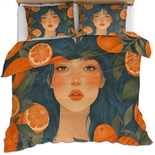 Bettwäsche Set mit Mädchen Illustration 200 X 200 cm Bettbezüge für Frauen Orangefarbener Bettbezug Bettbezug und Kissenbezug mit Blättern Weiche Mikrofaser Naturbettset Bettwäsche Set mit Mädchen Illustration 200 X 200 cm Bettbezüge für Frauen Orangefarbener Bettbezug Bettbezug und Kissenbezug mit Blättern Weiche Mikrofaser Naturbettset von FIEMAR