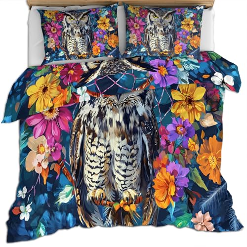 Eulen Bettwäsche Set Bunt 260 X 220 cm Bettbezug mit Blumen und Federn Dunkelblau Bettbezug Weiche Mikrofaser Naturtier Bettset mit Kissenbezügen von FIEMAR