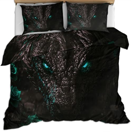FIEMAR Drachen Bettwäsche Set für Jungen Blaue Rose 200 X 200 cm Bettset für Mädchen Bettbezug mit Blumen und Drachenmotiv Schwarz Bettdeckenbezüge Weiche Mikrofaser Bettbezug und Kissenbezug von FIEMAR
