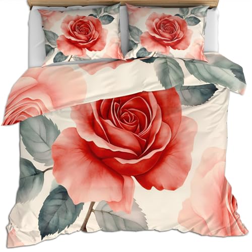 FIEMAR Rosen Bettwäsche Sets mit Kissenbezügen Rote Blumen Kinder Bettbezüge Sets 230 X 220 cm Bettbezug mit Blättern Natur Bettbezug mit Reißverschluss Weiche Mikrofaser Elegantes Blumenbett Set FIEMAR Rosen Bettwäsche Sets mit Kissenbezügen Rote Blumen Kinder Bettbezüge Sets 230 X 220 cm Bettbezug mit Blättern Natur Bettbezug mit Reißverschluss Weiche Mikrofaser Elegantes Blumenbett Set von FIEMAR