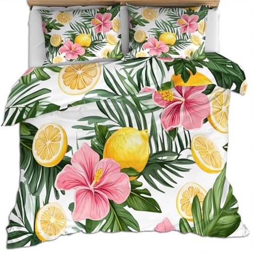 FIEMAR Tropisches Bettwäsche Set 260 X 220 cm Rosa Hibiskusblüten Bettdeckenbezüge Grüner Palmblatt Bettbezug Zitronen Bettbezug und Kissenbezug Weiche Mikrofaser Weißes Bettset FIEMAR Tropisches Bettwäsche Set 260 X 220 cm Rosa Hibiskusblüten Bettdeckenbezüge Grüner Palmblatt Bettbezug Zitronen Bettbezug und Kissenbezug Weiche Mikrofaser Weißes Bettset von FIEMAR