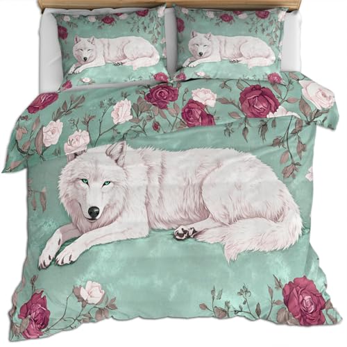 FIEMAR Wolf Bettwäsche Sets für Teenager Blumen Bettset 200 X 200 cm für Mädchen Blaugrüner Bettbezüge Rosenblatt Bettbezug Weicher Mikrofaser Bettbezug und Kissenbezug mit Tiermotiv von FIEMAR