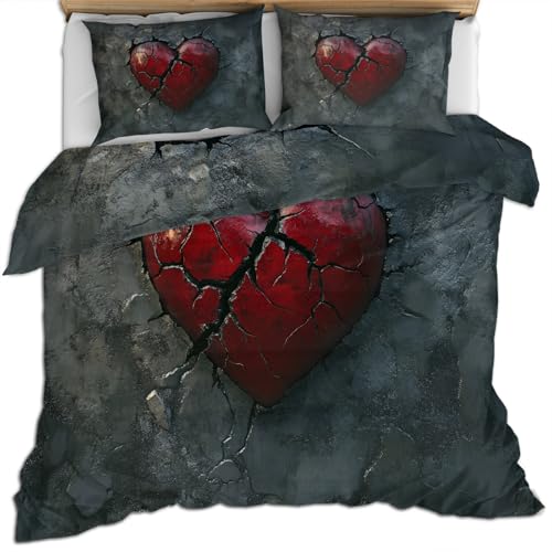 Liebesherz Bettwäsche Set für Kinder Graue Felsstruktur Bettdeckenbezug Sets Rotes Herz mit Rissen und Splittern 260 X 220 cm Bettbezug Set für Kinder Dunkles Bettset für Männer von FIEMAR
