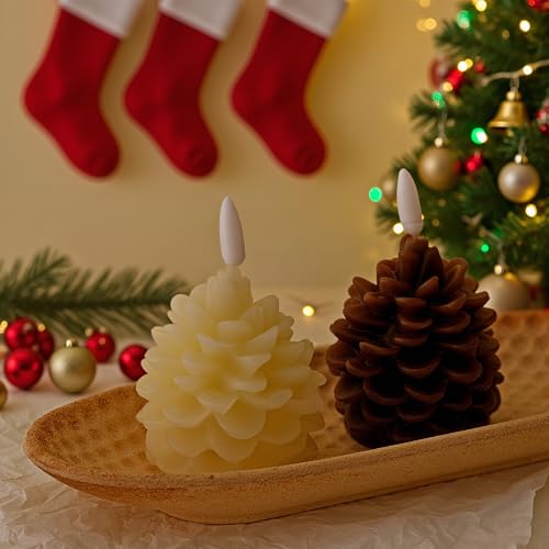 2 Stück Flammenlose Tannenzapfen Kerzen,LED Tannenzapfen Kerzen Flackernde Flamme,Weihnachten Tannenzapfen Kerze Flammenlos Batteriebetrieben (Braun+Beige) von FIENZA