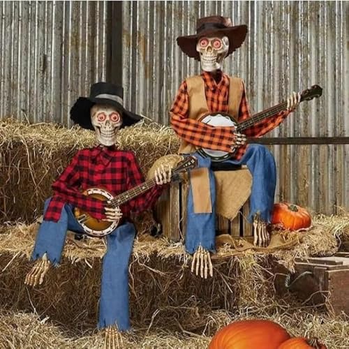Duellierende Banjo Skelette mit Licht, lustige animierte Duellierende Banjo Skelette für Halloween, 2025 Neue Country Skelettmusiker, Dekoration für Drinnen und Draußen (2PCS) von FIENZA