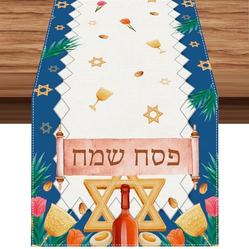 Linen Passover Tischläufer "Happy Passover", Tischläufer, Dekorationen und Zubehör für Zuhause, Küche, Esszimmer, Tisch, 33 x 183 cm von FIFESMALL