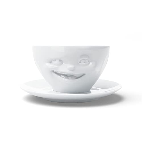 FIFTYEIGHT PRODUCTS / Kaffeetasse mit Unterteiler „Zwinkernd“ (Porzellan, 200 ml, weiß, Made in Germany) von FIFTYEIGHT PRODUCTS