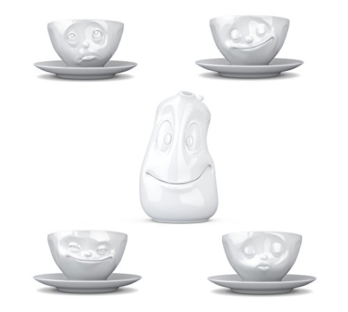 lustige Tassen Kaffeeset - 4 Kaffeetassen mit Unterteller & 1 Kanne von FIFTYEIGHT PRODUCTS