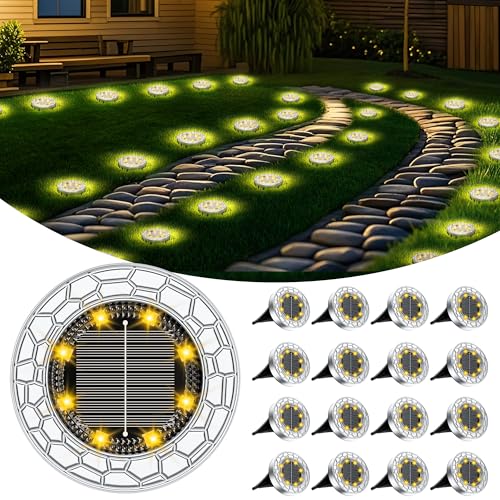 FIFlying 16 Stück Solar Bodenleuchten Aussen 8 LEDS Außenleuchte Solarleuchte für Garten Wasserdicht Gartenleuchte für außen Terrasse Rasen Hof Gehweg, Warmweiß von FIFlying