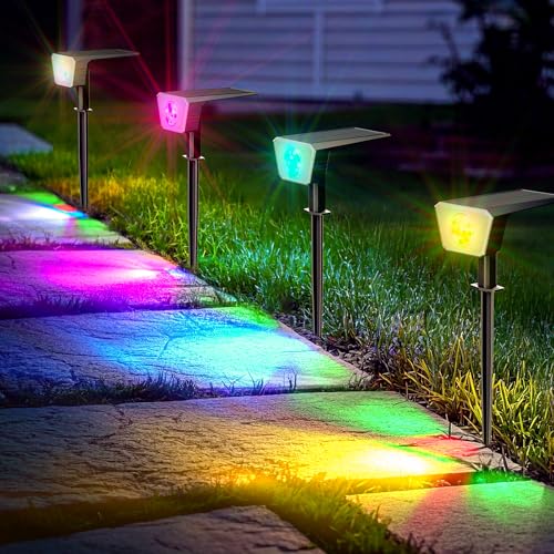FIFlying Solarlampen, 4 Stück RGB Solarstrahler für Außen, IP67 Wasserdicht LED Solarleuchte, Solar Gartenleuchte für Rasen, Hof, Wege, Garten, Außen, Beleuchtung der Garageneinfahrt - RGB von FIFlying