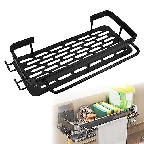 FIGFYOU Spülbecken Organizer Wand Spülmittel Organizer Schwarz Küche Spülorganizer Caddy Küchenutensilienhalter ohne Bohren Spülbeckenorganizer mit Handtuchhalter Haken für Küchenzubehör Spülseife von FIGFYOU