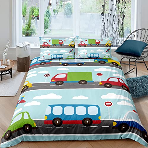 FIGONE Bettwäsche Cartoon-Auto-Bus-Straße 135X200 cm Bettwäsche-Sets 3D Mikrofaser Bettwäsche Kinder - 1 Bettbezug Mit Reißverschluss Mit 2 Kissenbezug 80X80 cm - Weiches Anti-Allergiemittel von FIGONE