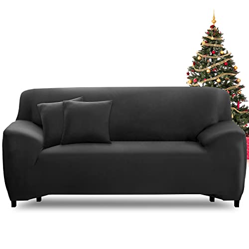 FIGOOO Sofabezug 2 Sitzer Stretch Sofabezüge mit Armlehnen Spandex Couchbezug Modern Anti-Rutsch Waschbar Sofa Protection Cover Schonbezug Couch(2-Sitzer,Schwarz) von FIGOOO