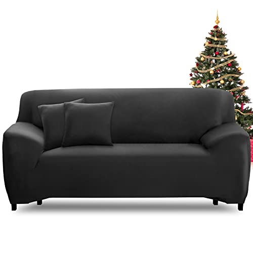 FIGOOO Sofabezug 3 Sitzer Stretch Sofabezüge mit Armlehnen Spandex Couchbezug Modern Anti-Rutsch Waschbar Sofa Protection Cover Schonbezug Couch(3-Sitzer,Schwarz) von FIGOOO