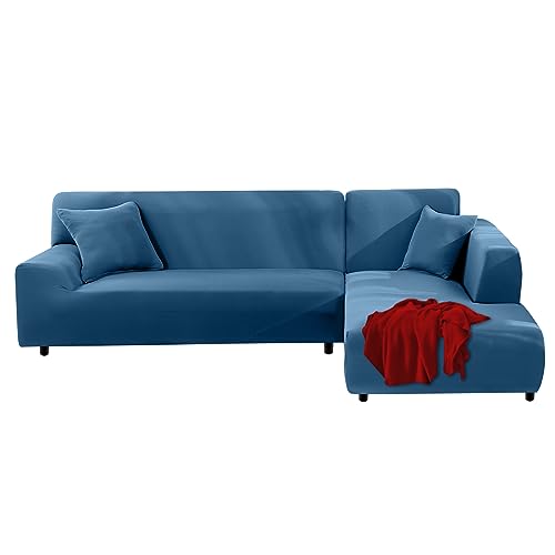 FIGOOO Sofabezug Ecksofa L Form Links Rechts Stretch Sofa Überwürfe 2er mit 2 Stück Kissenbezug Abnehmbarer Universal Elastische Couchbezug Sofahusse L Shaped (2 Sitzer+2 Sitzer,Aquamarin) von FIGOOO