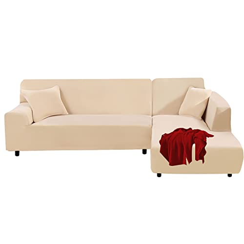 FIGOOO Sofabezug Ecksofa L Form Links Rechts Stretch Sofa Überwürfe 2er mit 2 Stück Kissenbezug Abnehmbarer Universal Elastische Couchbezug Sofahusse L Shaped (2 Sitzer+2 Sitzer,Beige) von FIGOOO