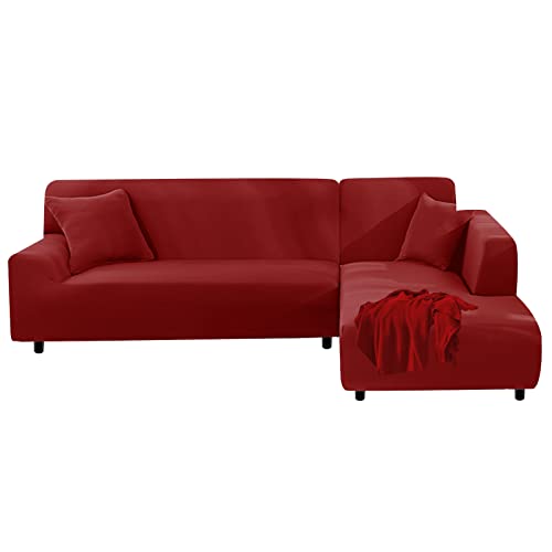 FIGOOO Sofabezug Ecksofa L Form Links Rechts Stretch Sofa Überwürfe 2er mit 2 Stück Kissenbezug Abnehmbarer Universal Elastische Couchbezug Sofahusse L Shaped (2 Sitzer+2 Sitzer,Rot) von FIGOOO